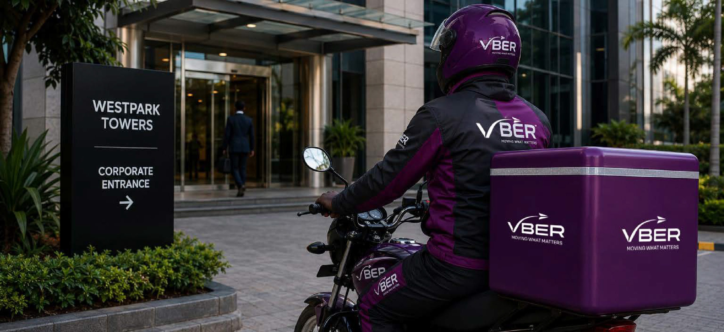 VBER courier on a crimson delivery bike outside Westpark Towers