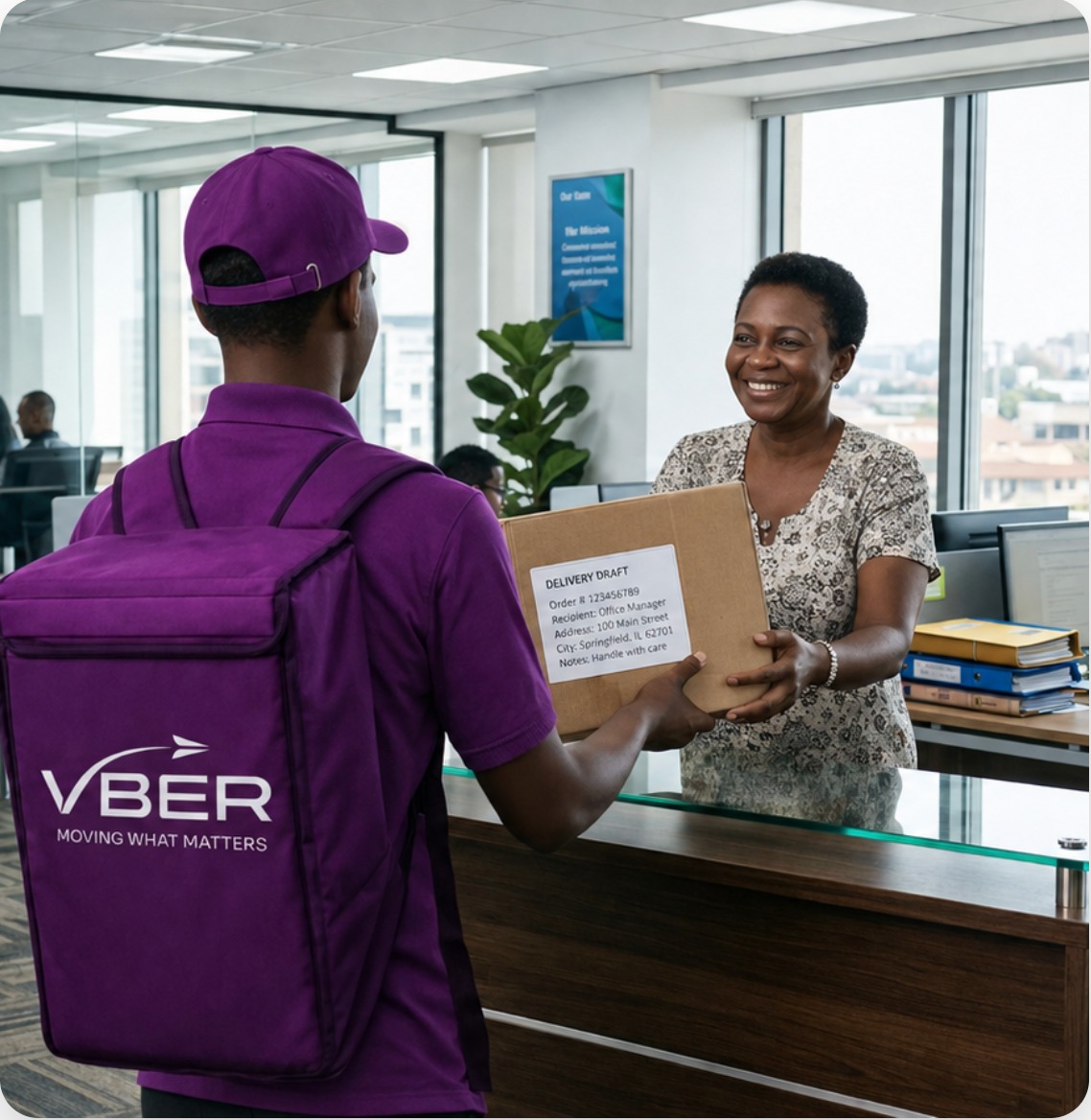 VBER courier delivering a parcel to a smiling office receptionist