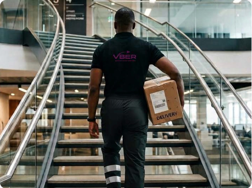 VBER courier carrying a delivery box up a modern office staircase